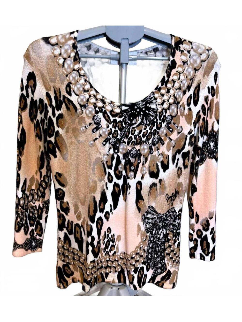 VICTOR COSTA M SPRING SWEATER 3/4 SLEEVE SCOOP NECK LEOPARD PEARL &BOW PRINT NWT - Picture 8 of 8